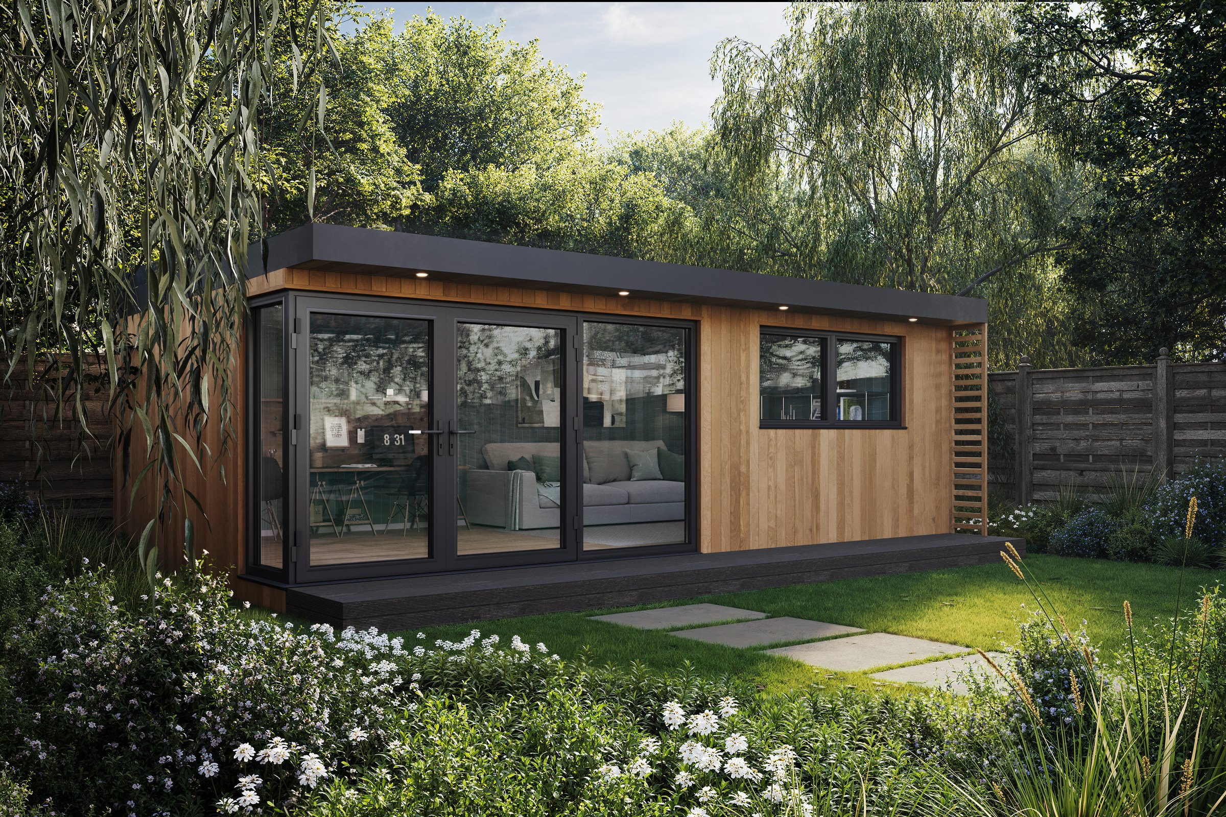 Garden room visualisation campaign showing a modern garden room in a landscaped garden setting