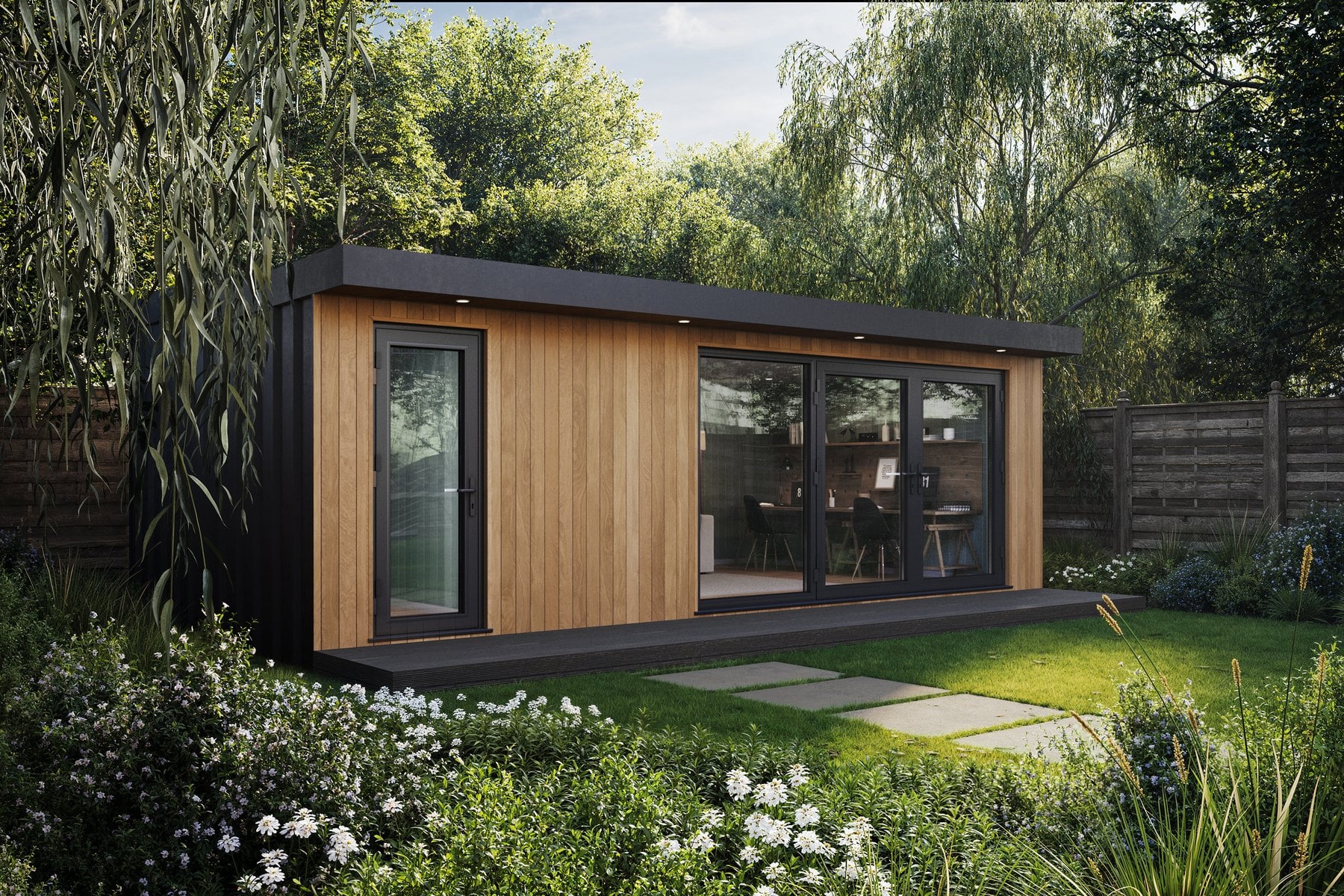 Garden room visualised in a landscaped garden with planting and paving