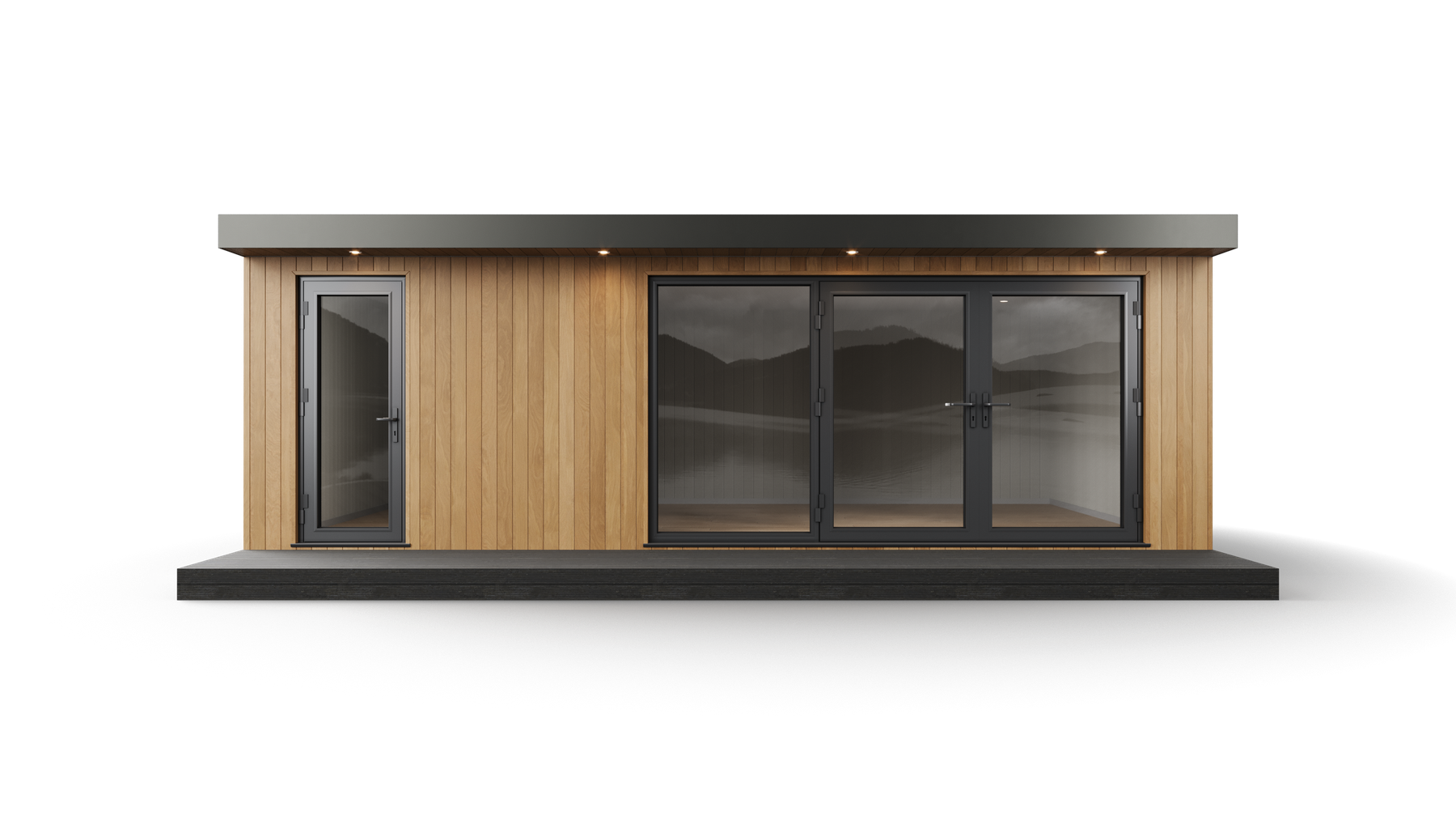 Garden room transparent studio render in oak finish