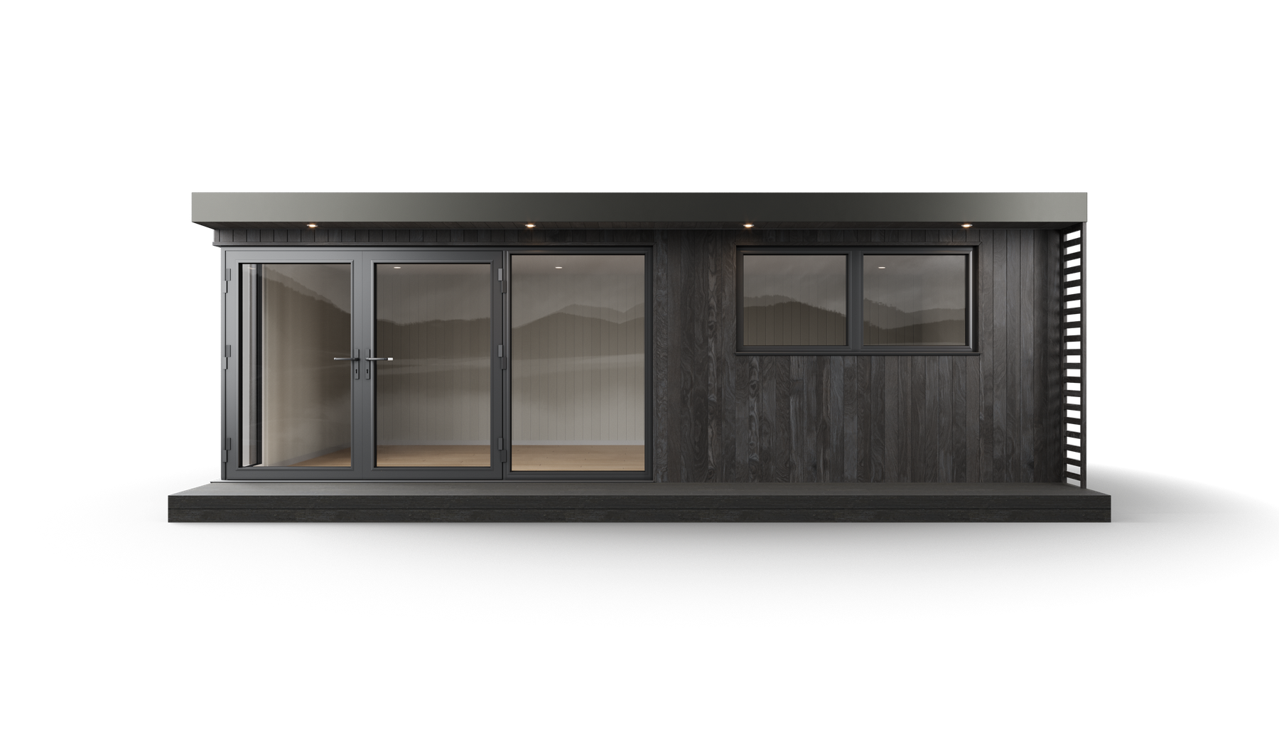 Garden room transparent studio render in charcoal finish