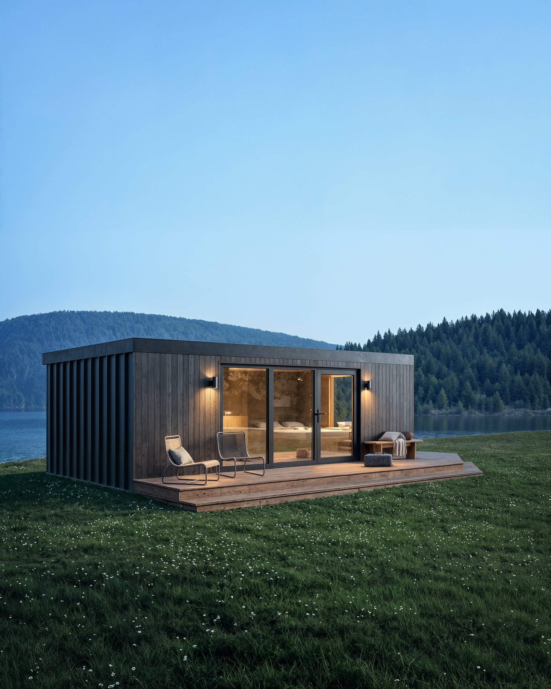 Glamping pod at dusk with warm interior lighting — full-height campaign image